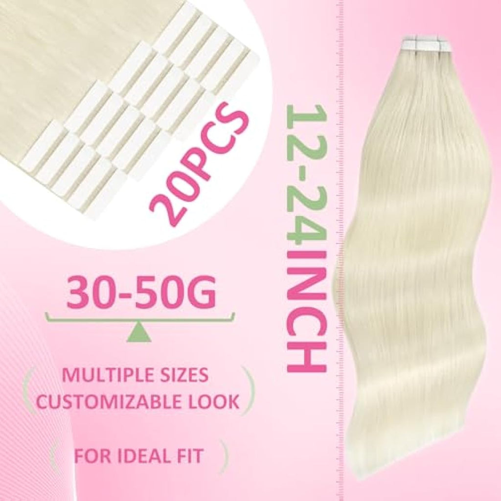 YoungSee Tape in Hair Extensions - Platinum Blonde Remy Human Hair 20in