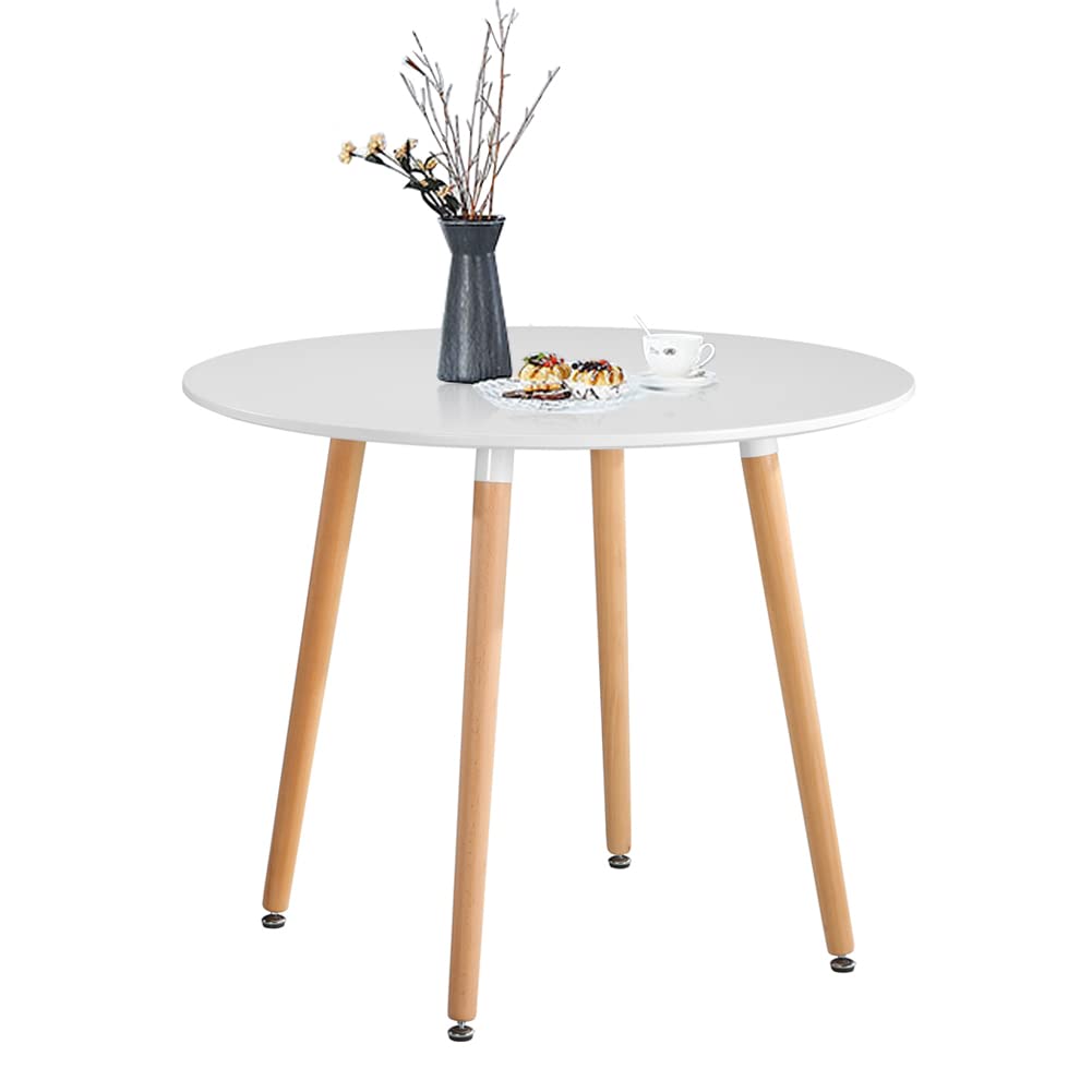 GOLDFAN 80cm Round Dining Table | White High Gloss with Beech Wood Legs