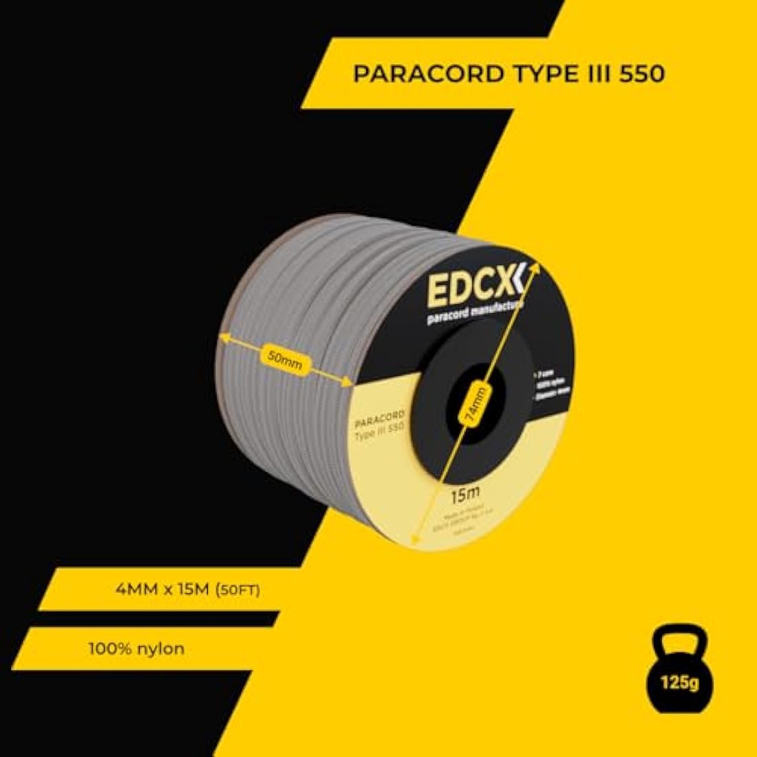 EDCX 550 Paracord – 4mm Type III 7-Strand Nylon Rope, 15m Spool