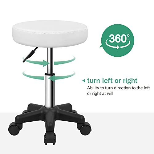 FURWOO Round Rolling Stool - Height Adjustable Swivel Spa Chair, White