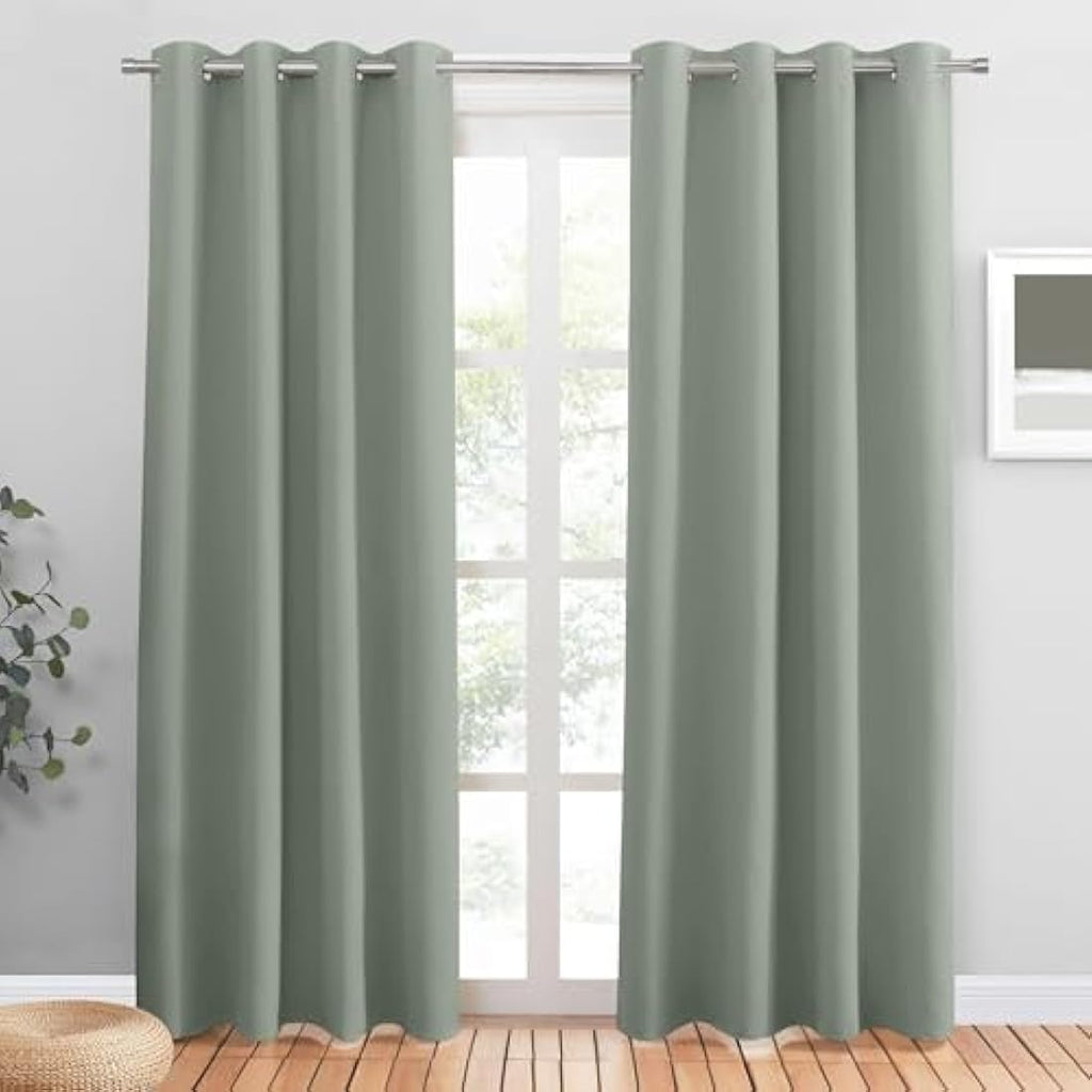 PONY DANCE Thermal Blackout Eyelet Curtains - Sage Green, 46 x 90 Inch