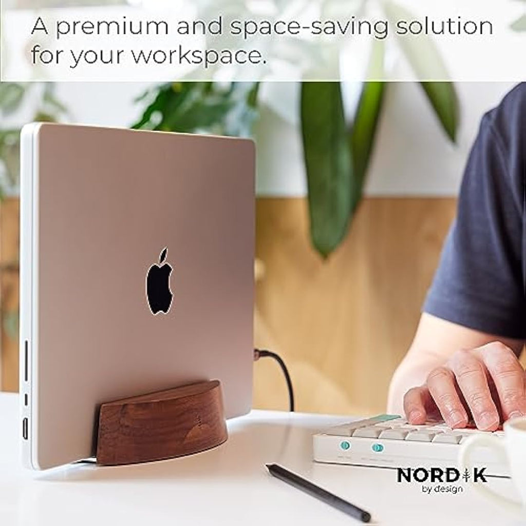 Nordik Vertical Laptop Stand – Adjustable Walnut Wood Desk Dock