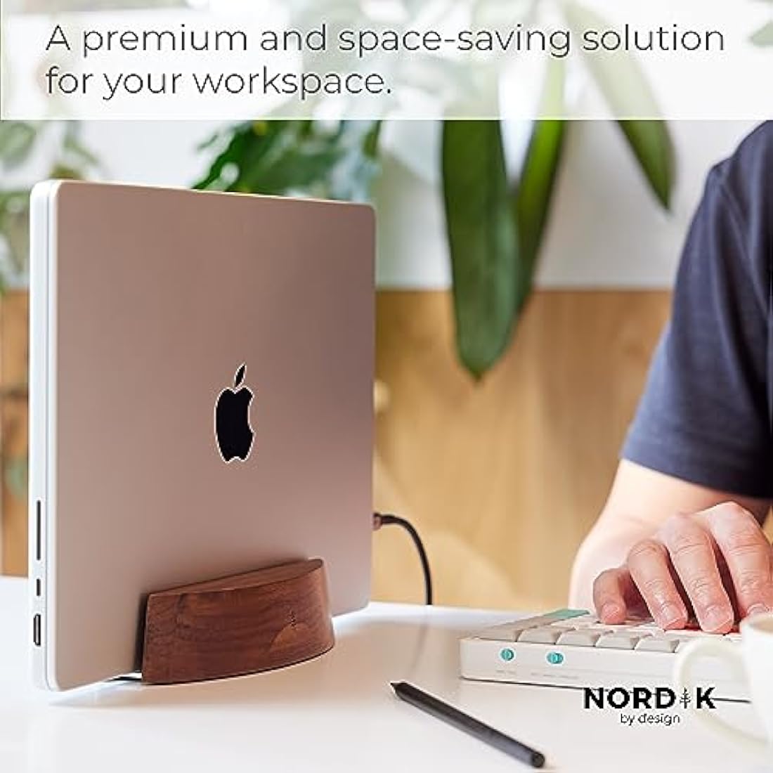 Nordik Vertical Laptop Stand – Adjustable Walnut Wood Desk Dock