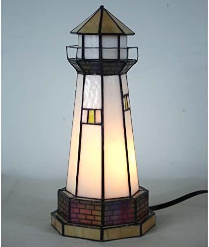 Bieye Lighthouse Tiffany Style Stained Glass Accent Table Lamp - 12" H