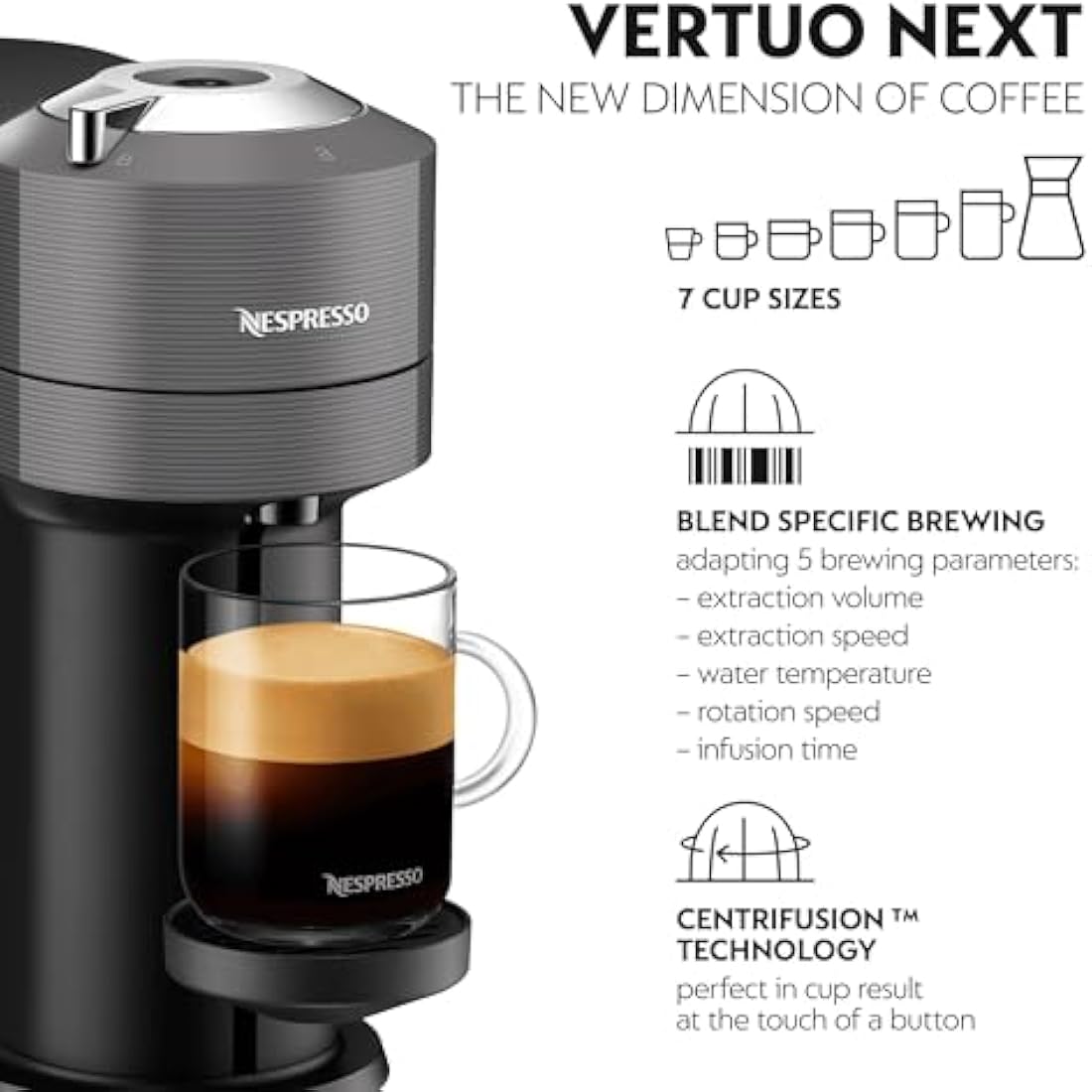 Nespresso Vertuo Next Coffee Machine by De'Longhi with Aeroccino – Grey