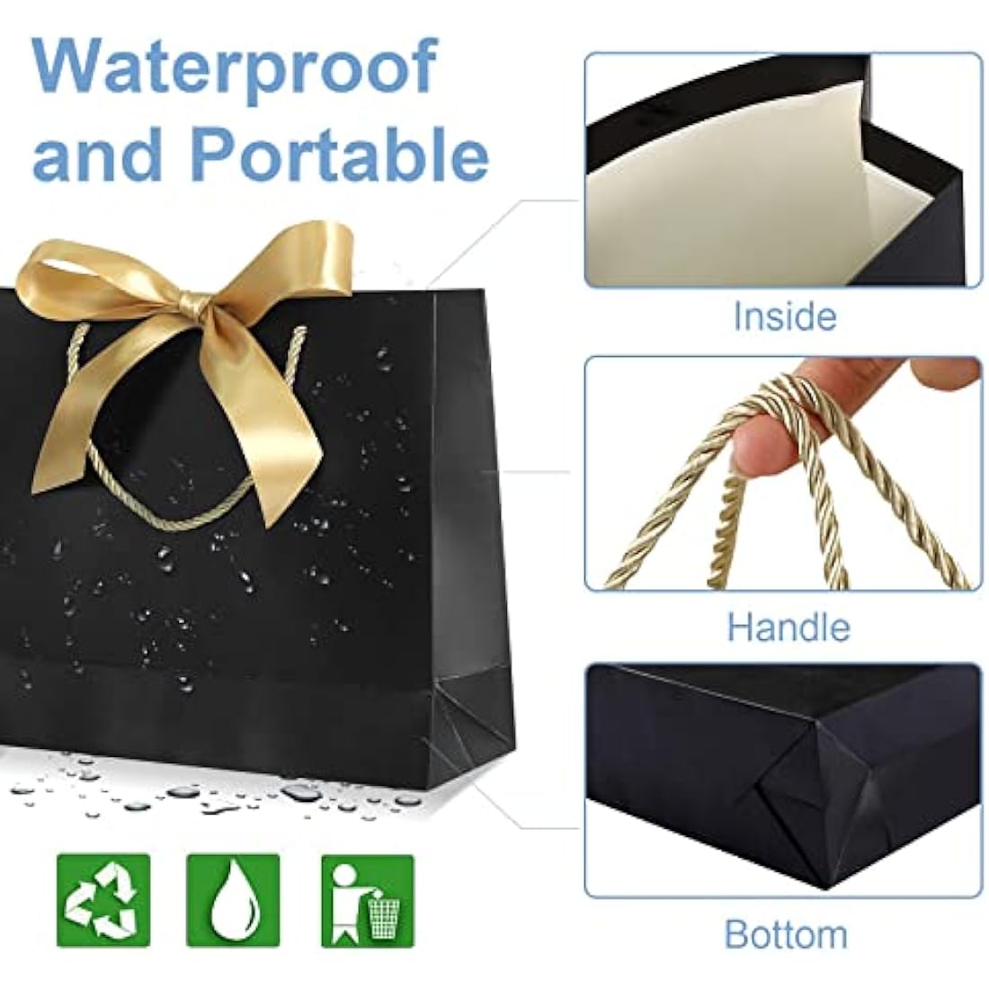 Black Gift Bags with Ribbon Bow - 8 Pack Paper Bags for Weddings