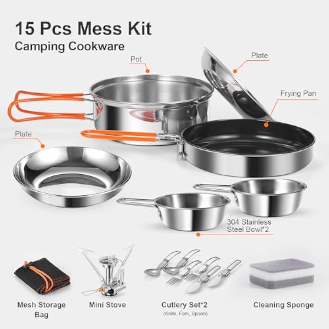 Odoland 15-Piece Ceramic Non-Stick Camping Cookware Kit with Stove