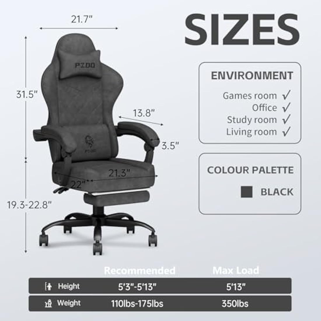 PZDO Ergonomic Gaming Chair with Footrest | Tech Fabric & Memory Foam