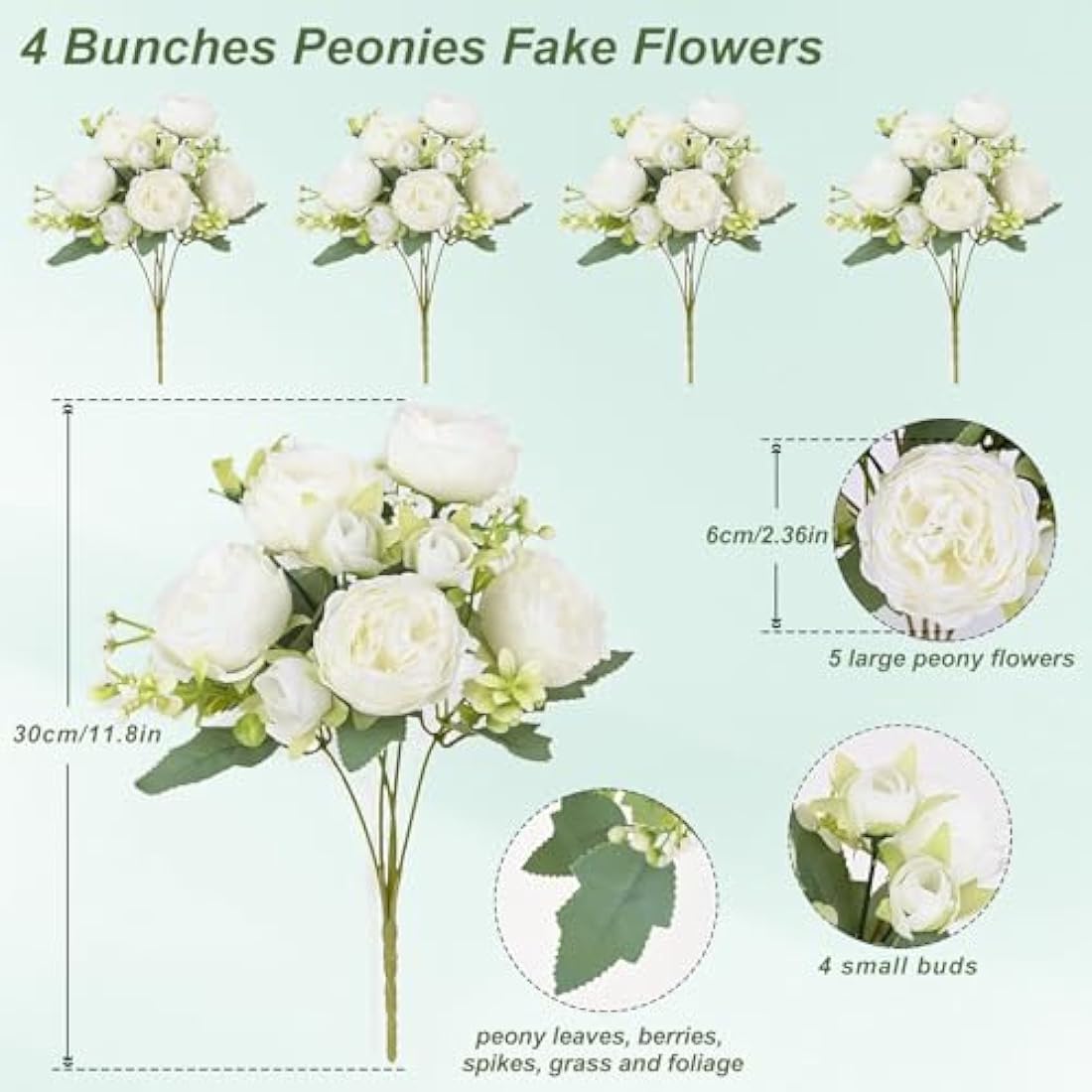 FADACHY White Real Touch Silk Peonies – 4 Bunches Artificial Flower Bouquet