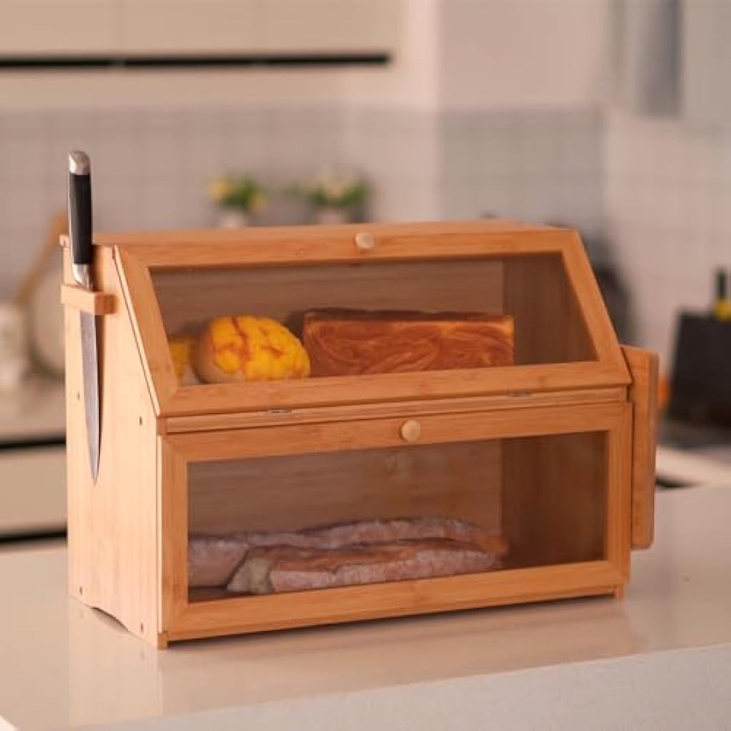 Large 2-Layer Bamboo Bread Box – Farmhouse Kitchen Bread Bin