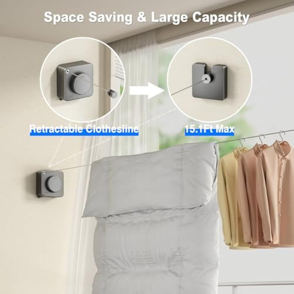 MUSTORN Retractable Washing Line – 4.6M Heavy Duty Wall Mounted Gray
