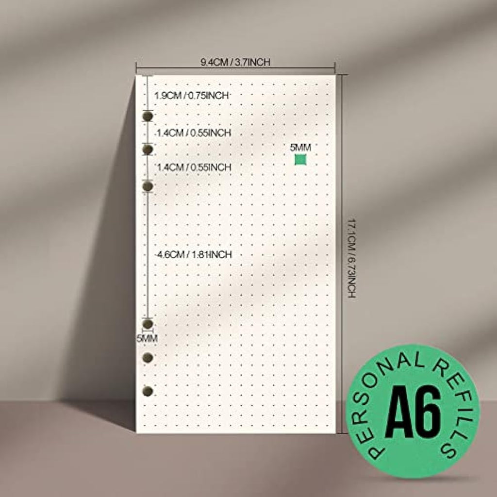 FANDAMEI A6 Dotted Paper Refills | 100 GSM 6-Hole Binder Inserts, 180 Sheets
