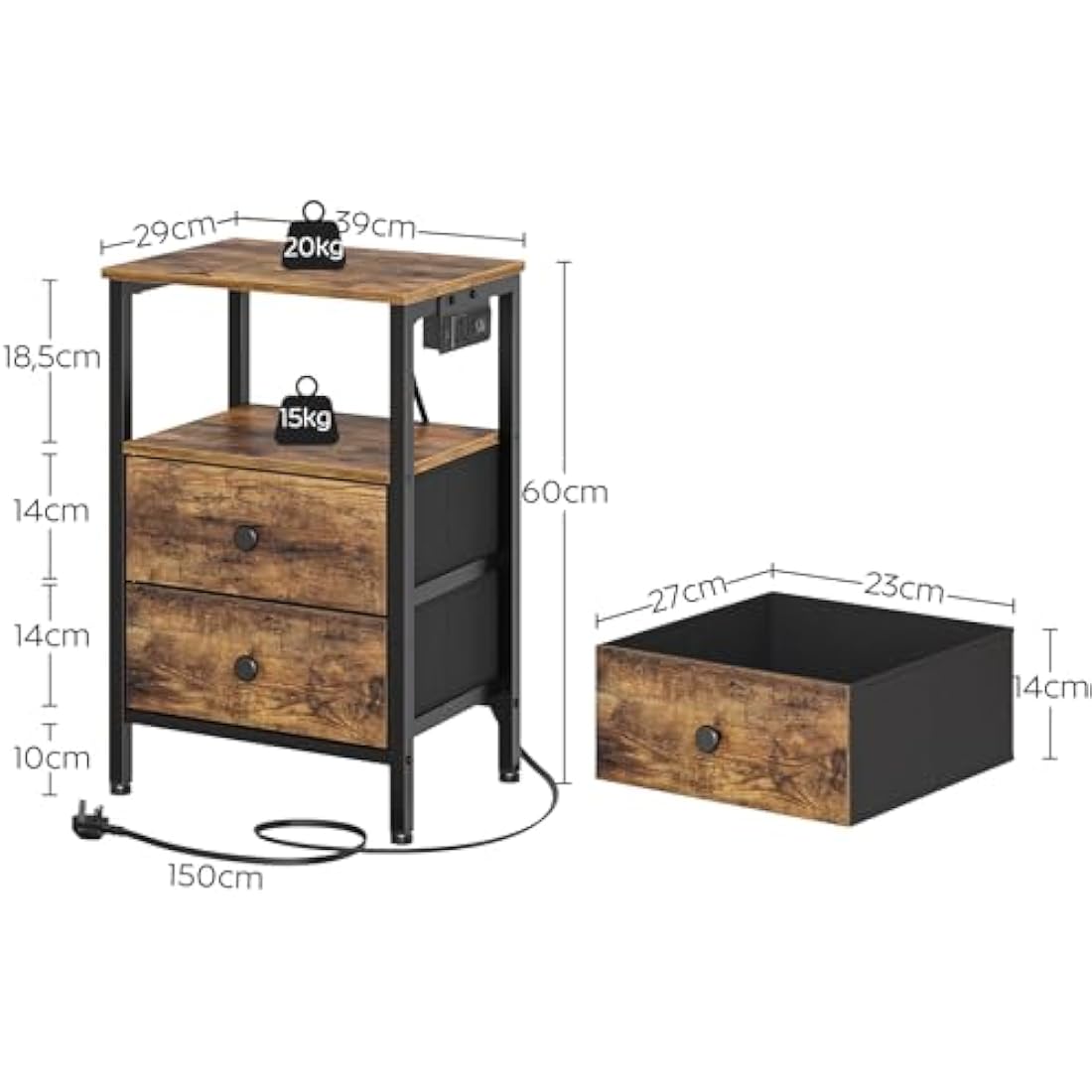 YATINEY Bedside Table with Charging Station | 2-Drawer Industrial Nightstand