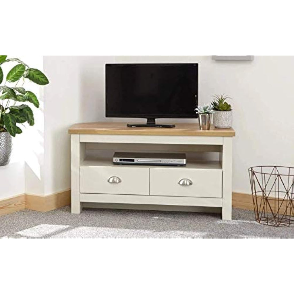 GFW Lancaster Corner TV Unit – Cream Wood Cabinet with 2 Drawers