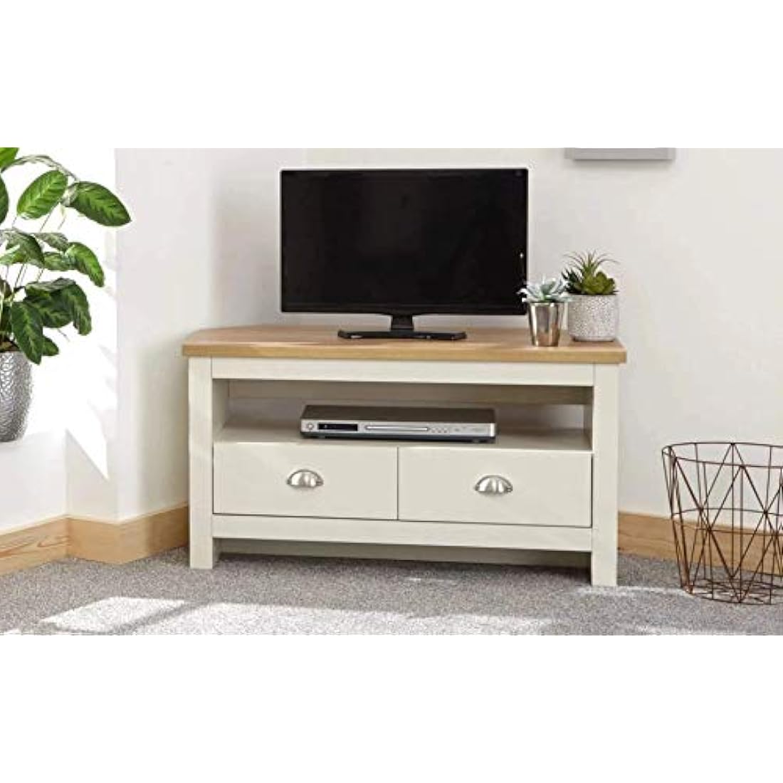 GFW Lancaster Corner TV Unit – Cream Wood Cabinet with 2 Drawers