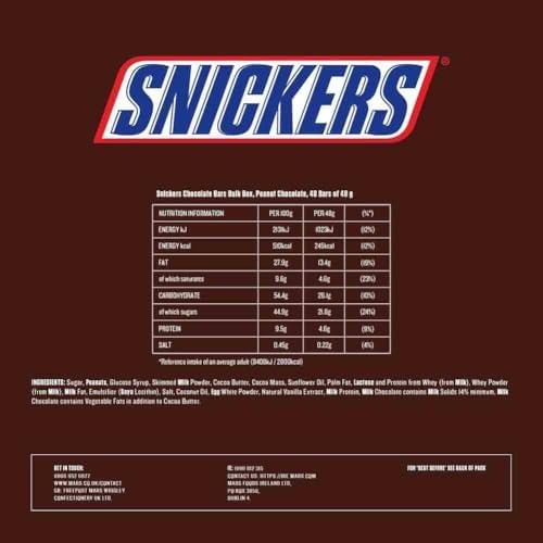Snickers Chocolate Bars Bulk Box - 48 x 48g Peanut & Caramel Snacks