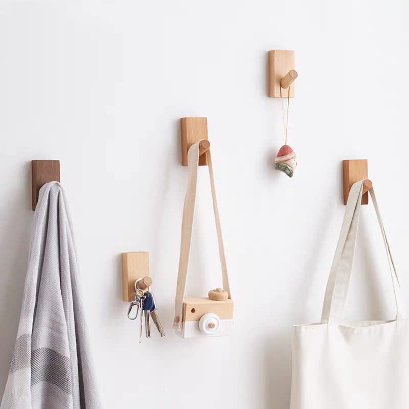 Wooden Wall Hooks – 4-Pack Natural Beech Wood Coat Rack