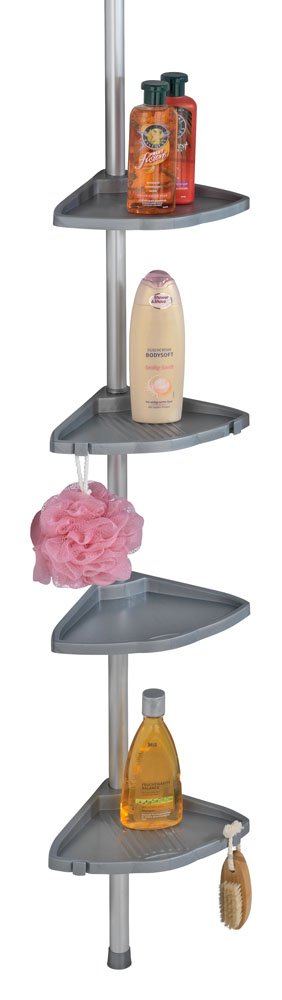 Wenko Telescopic Shower Corner Rack – Silver Aluminium Shelf with 4 Tiers