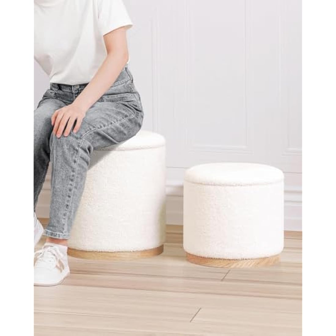 Bonlife Round White Boucle Storage Ottoman Set of 2 – Vanity Stool