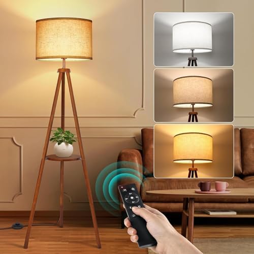 OUTON Solid Wood Tripod Floor Lamp with Shelf - Dimmable LED Standing Light
