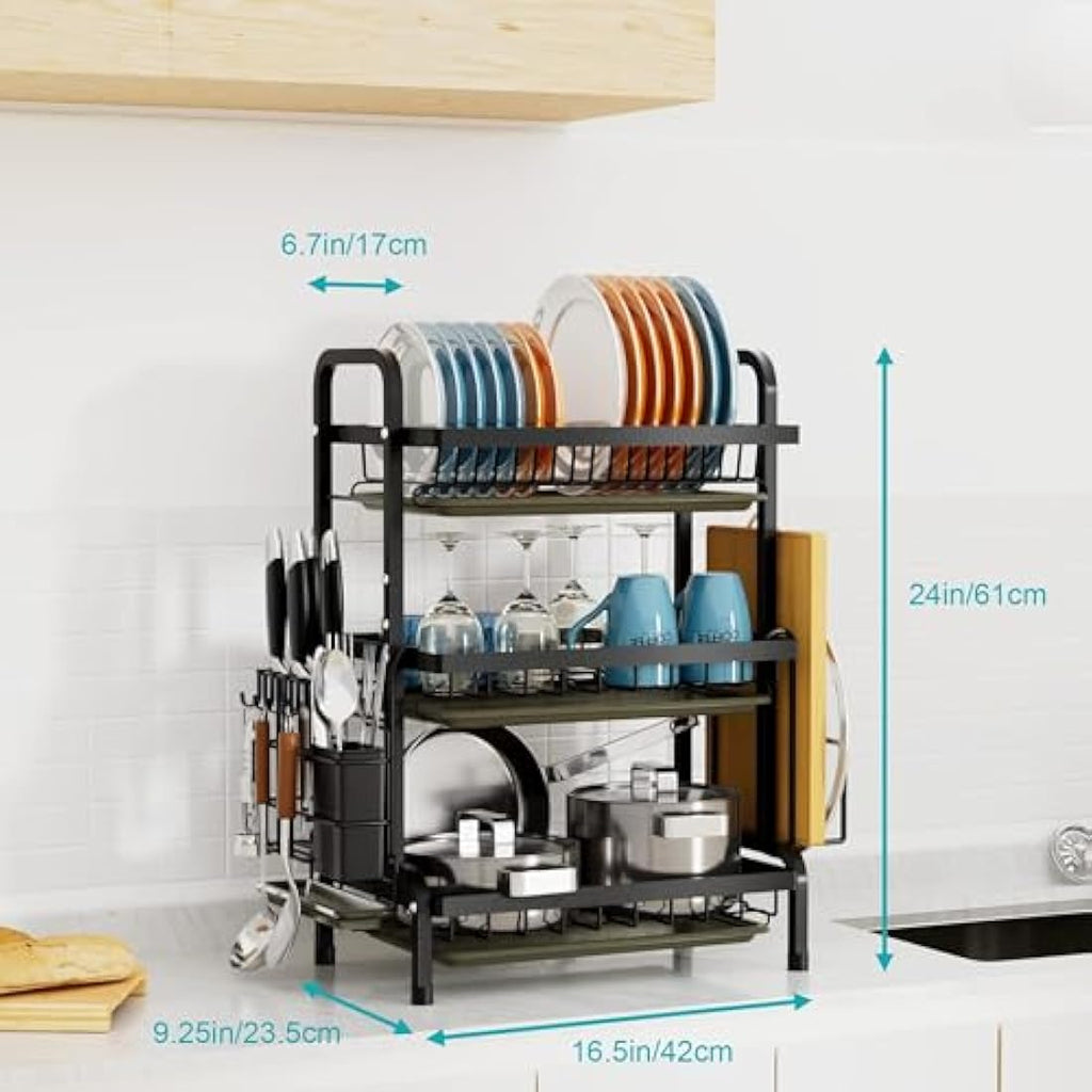 3-Tier Dish Drying Rack with Drip Tray and Cutlery Holder