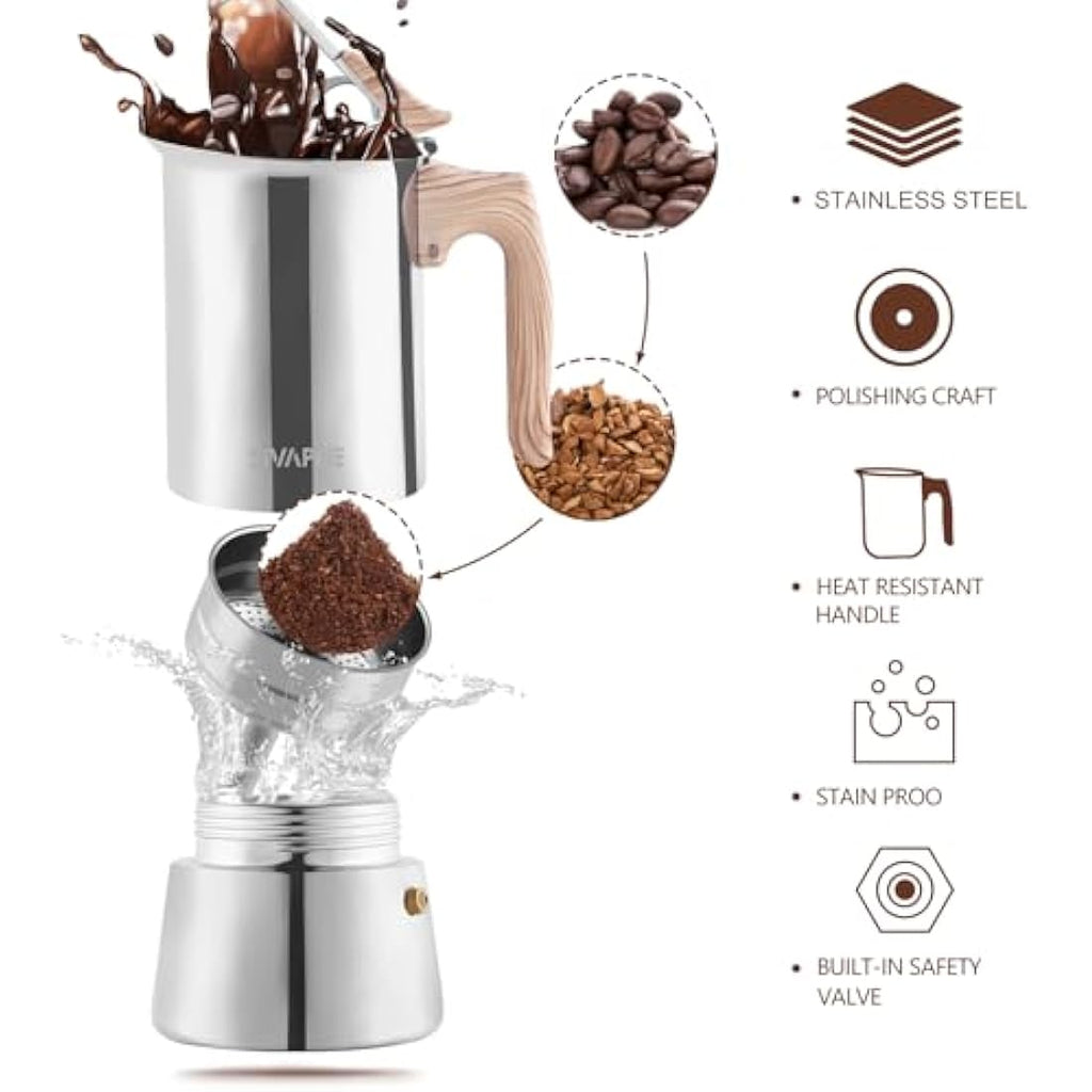 Sivaphe Moka Pot – 6 Cup Stainless Steel Induction Stovetop Espresso Maker