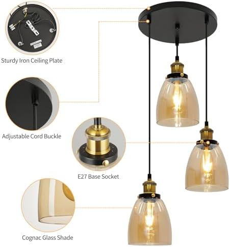 Jolof Store 3-Light Vintage Glass Pendant Light – Cognac Industrial Lamp
