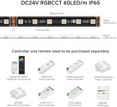 BTF-LIGHTING RGBCCT 5-in-1 LED Strip | 24V 5M IP65 Waterproof Black PCB
