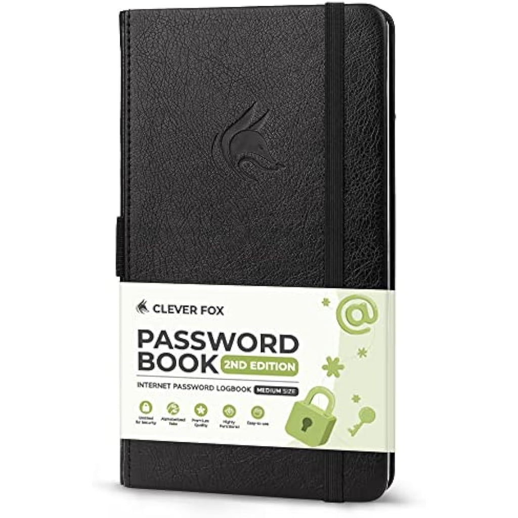 Clever Fox Password Book 2nd Edition - Hardcover Login Organizer, Black