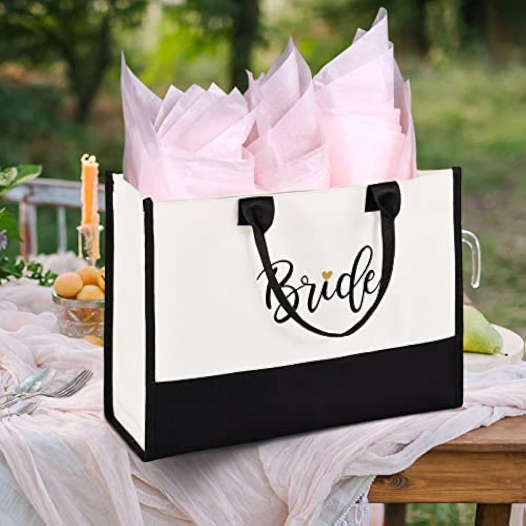 Bride Canvas Tote Bag with Makeup Bag – Black and White