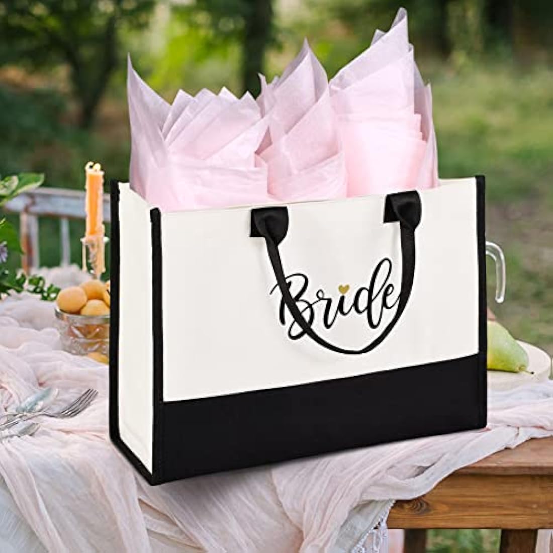 Bride Canvas Tote Bag with Makeup Bag – Black and White