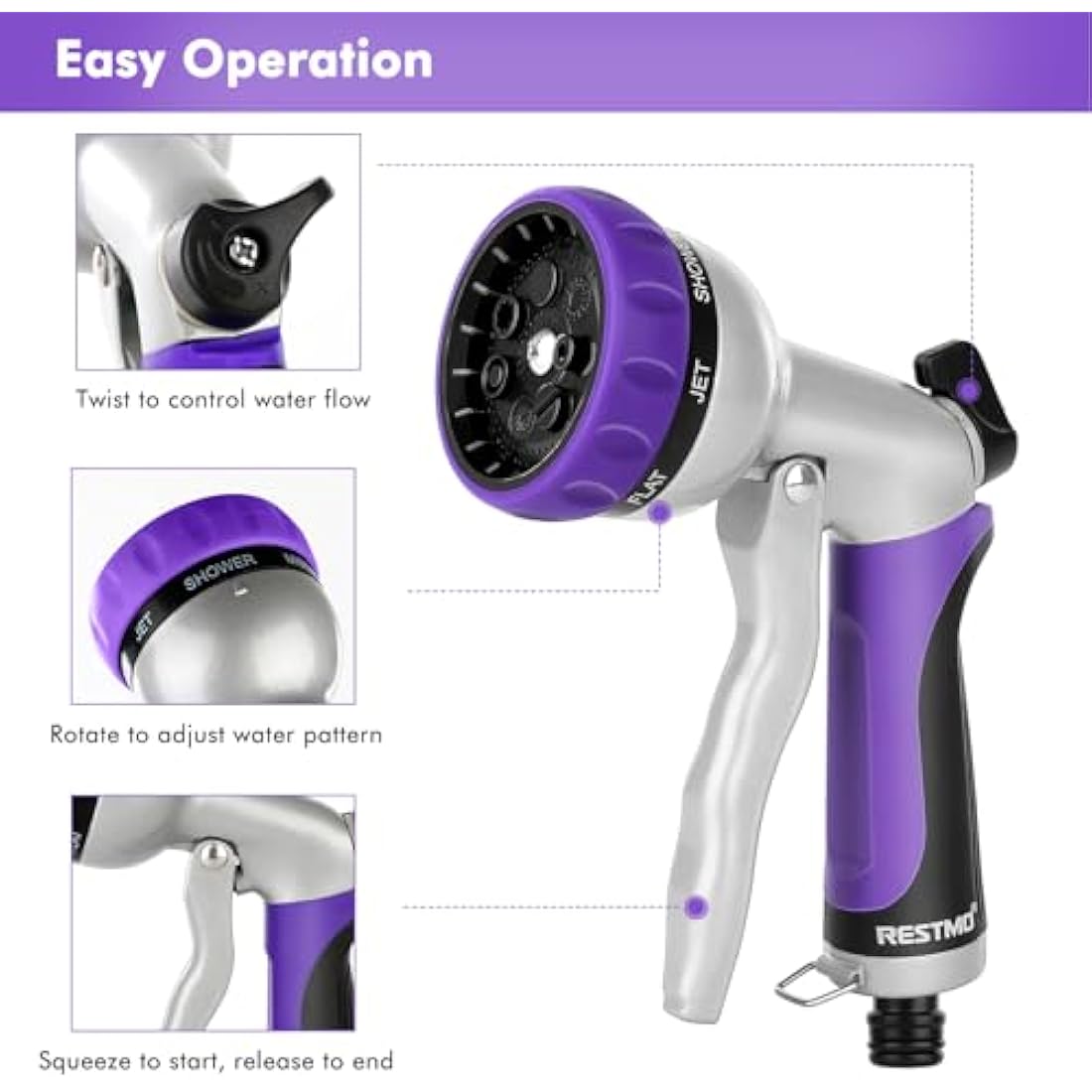 Restmo Heavy Duty Metal Garden Hose Spray Gun – 7 Pattern High Pressure Nozzle