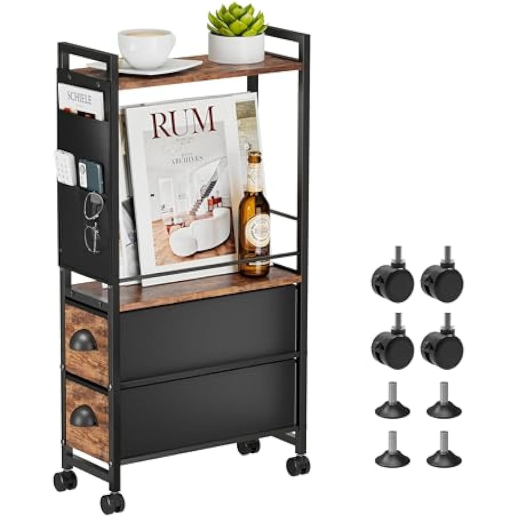 LyTaispuly Narrow Side Table with Drawers and Wheels – Rustic Slim Nightstand