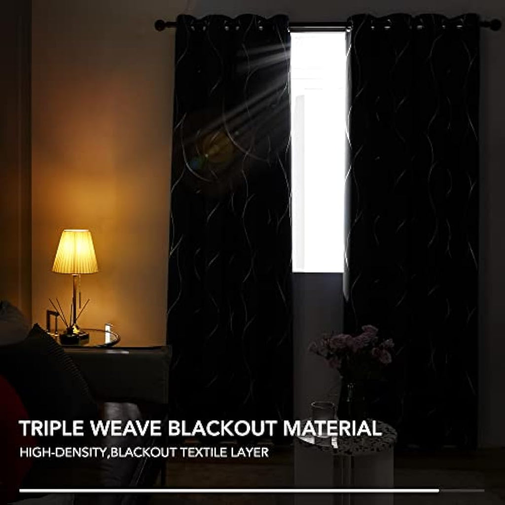 Deconovo Light Grey Blackout Curtains | Silver Wave Foil Print | 66x54