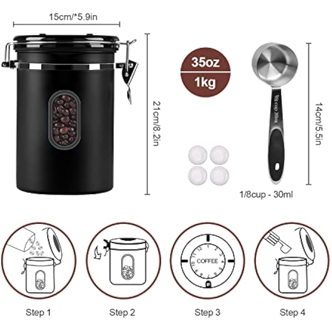 ROCKY&CHAO Airtight Coffee Canister - 2800ml Stainless Steel Storage