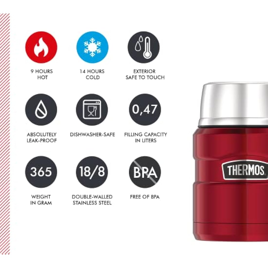 Thermos Stainless King Food Jar – 0.47L Insulated Cranberry Flask