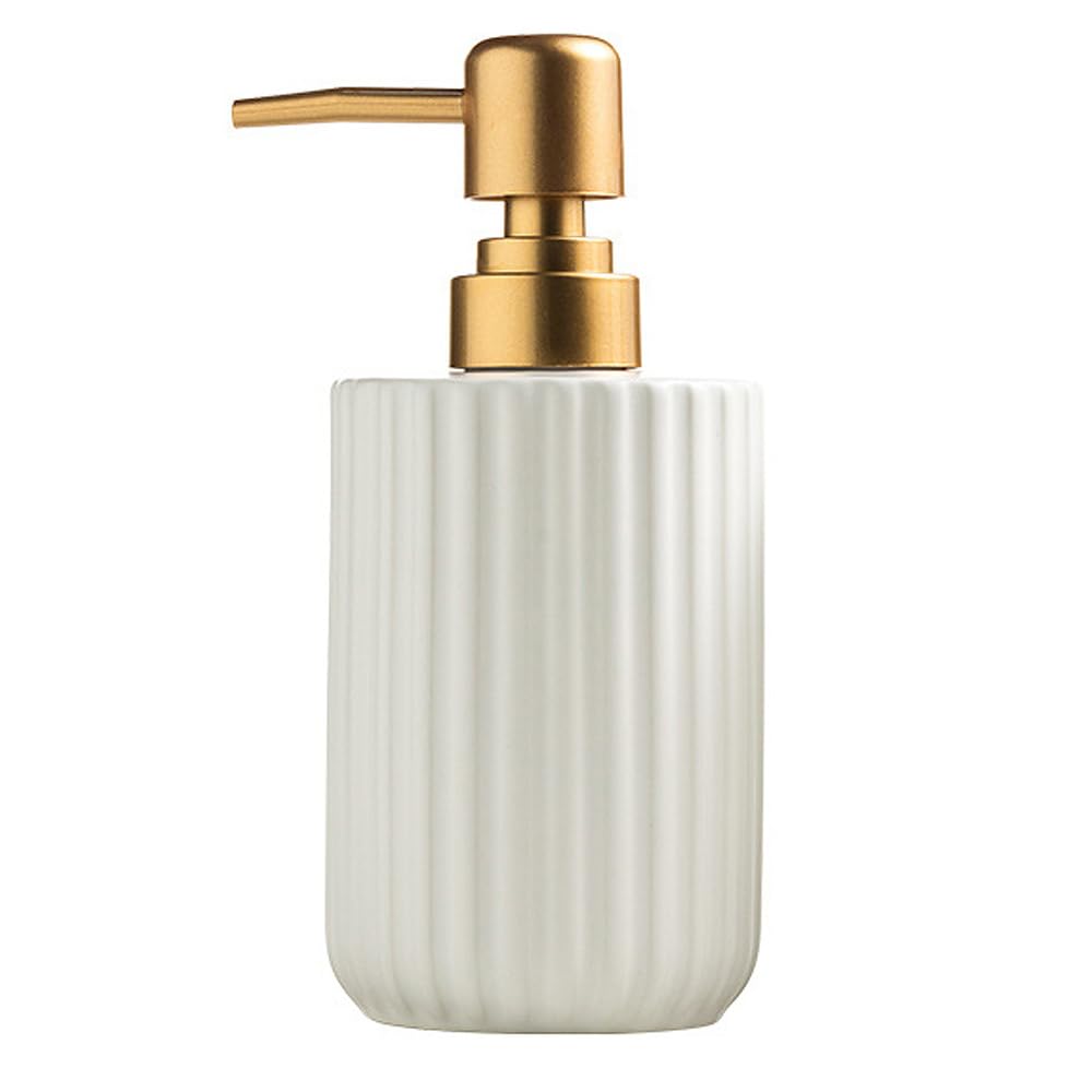 Jolof Store Ceramic Soap Dispenser – White Striped Porcelain with Gold Pump