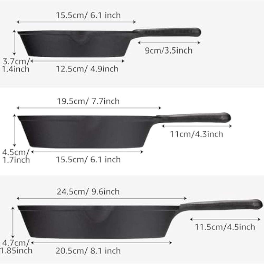Overmont Pre-Seasoned Cast Iron Skillet Set - 3-Piece Frying Pans