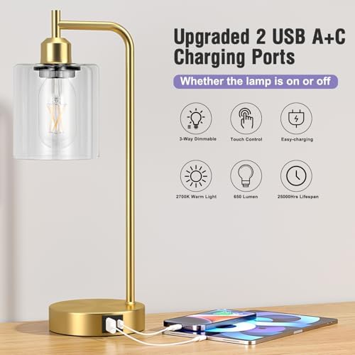 Aooshine Industrial Touch Bedside Lamps Set of 2 | Gold with USB C+A