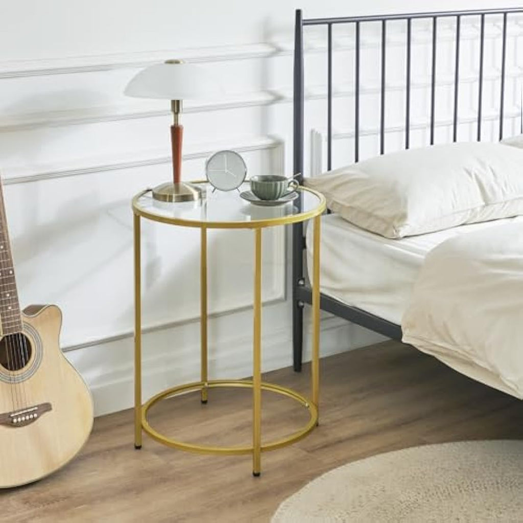 YMYNY Round Side Table | 2-Tier Gold Metal & Tempered Glass End Table