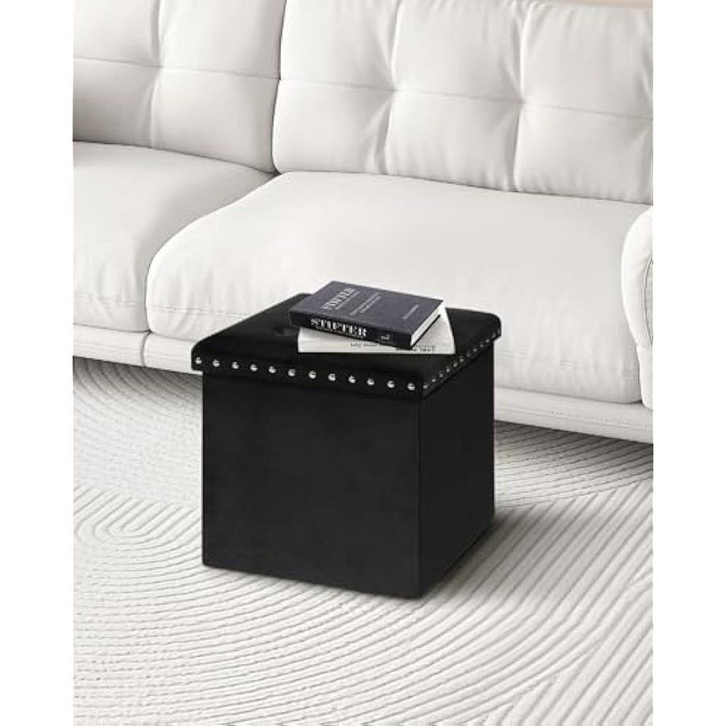 Bonlife Velvet Storage Ottoman | Folding Footstool & Coffee Table - Black