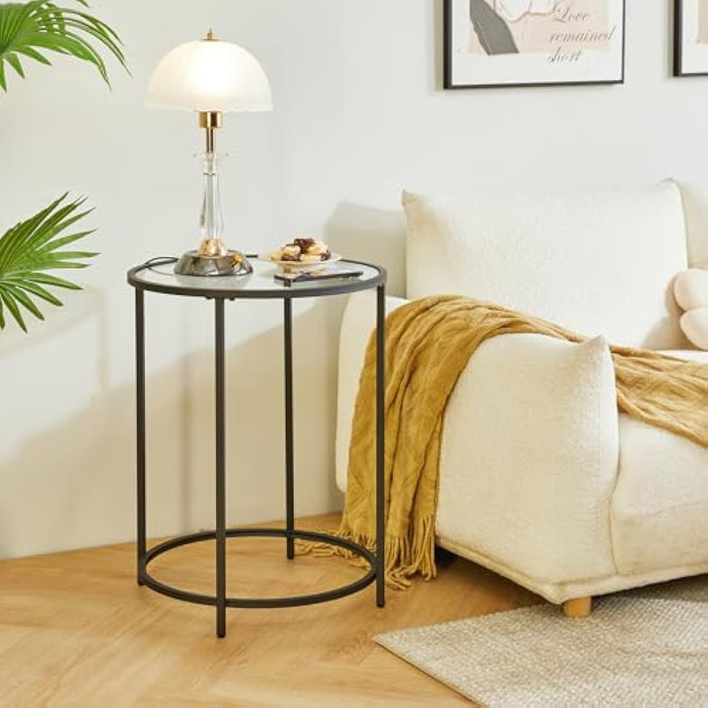 YMYNY Round Side Table | 2-Tier Tempered Glass & Metal Accent Table