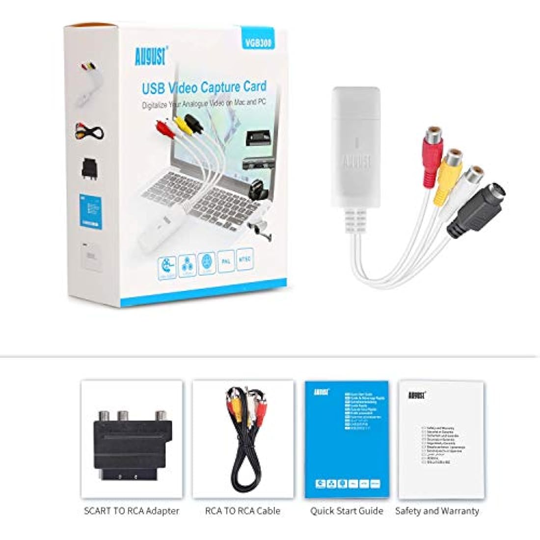 August VGB300 USB Video Capture Card - VHS to Digital Converter for PC & Mac