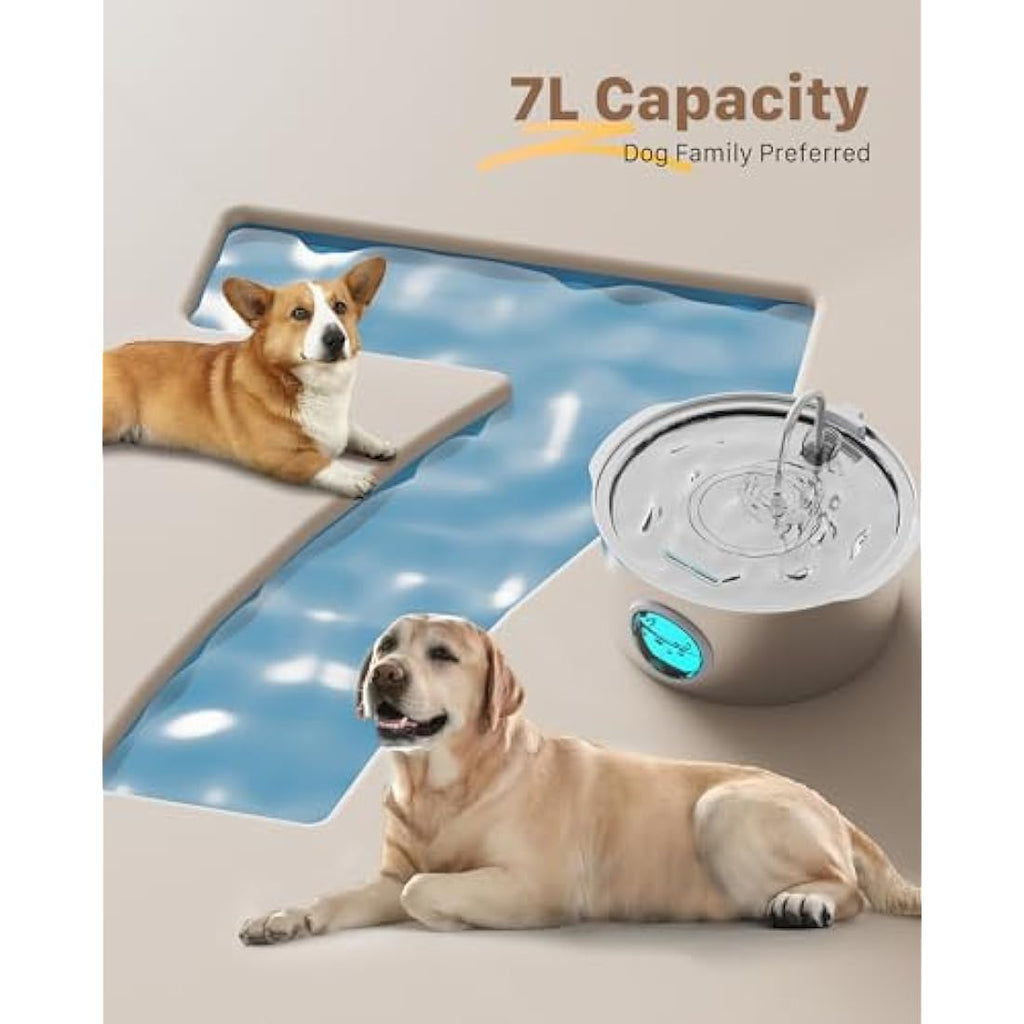 GROOKPET 7L Stainless Steel Dog Water Fountain – Quiet Pet Water Dispenser
