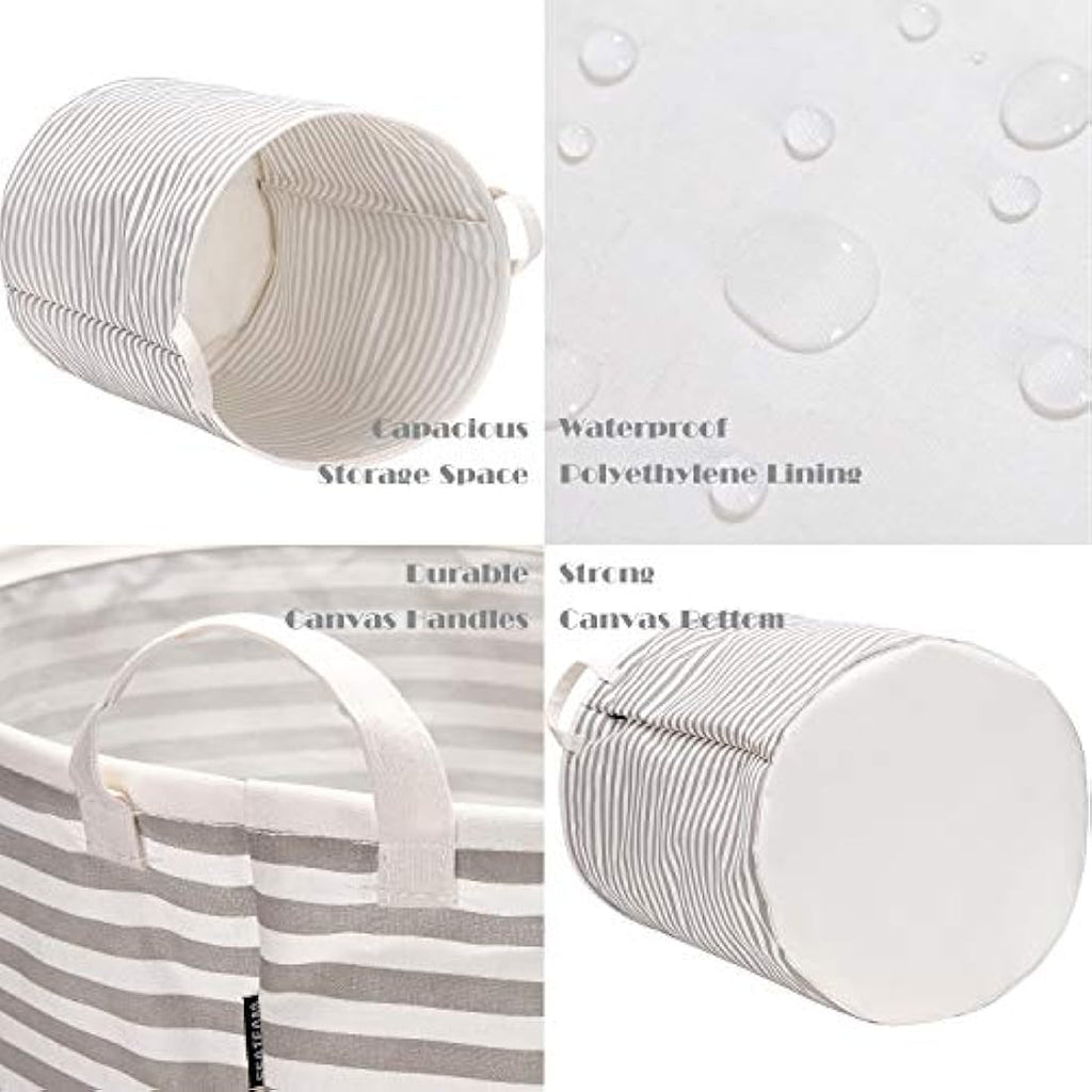 Sea Team Large Waterproof Cotton Laundry Hamper – Grey Stripe Storage Basket