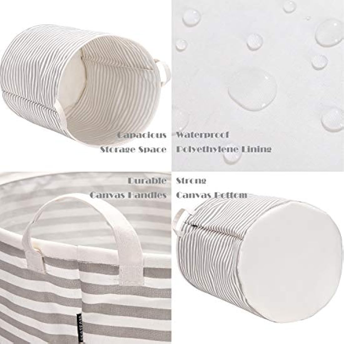 Sea Team Large Waterproof Cotton Laundry Hamper – Grey Stripe Storage Basket