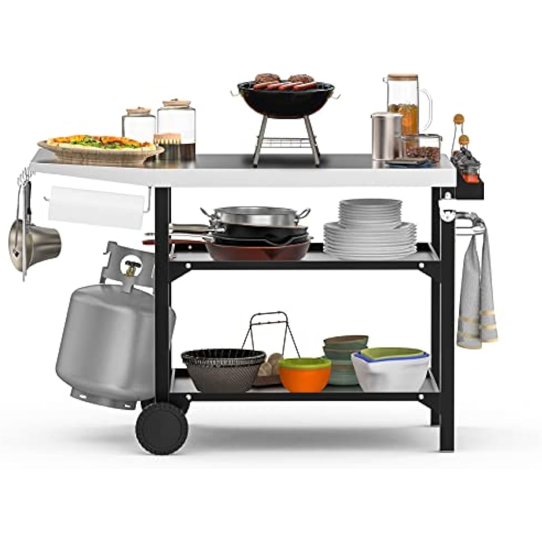 Onlyfire Stainless Steel BBQ Food Prep Table – 3-Tier Outdoor Grill Cart