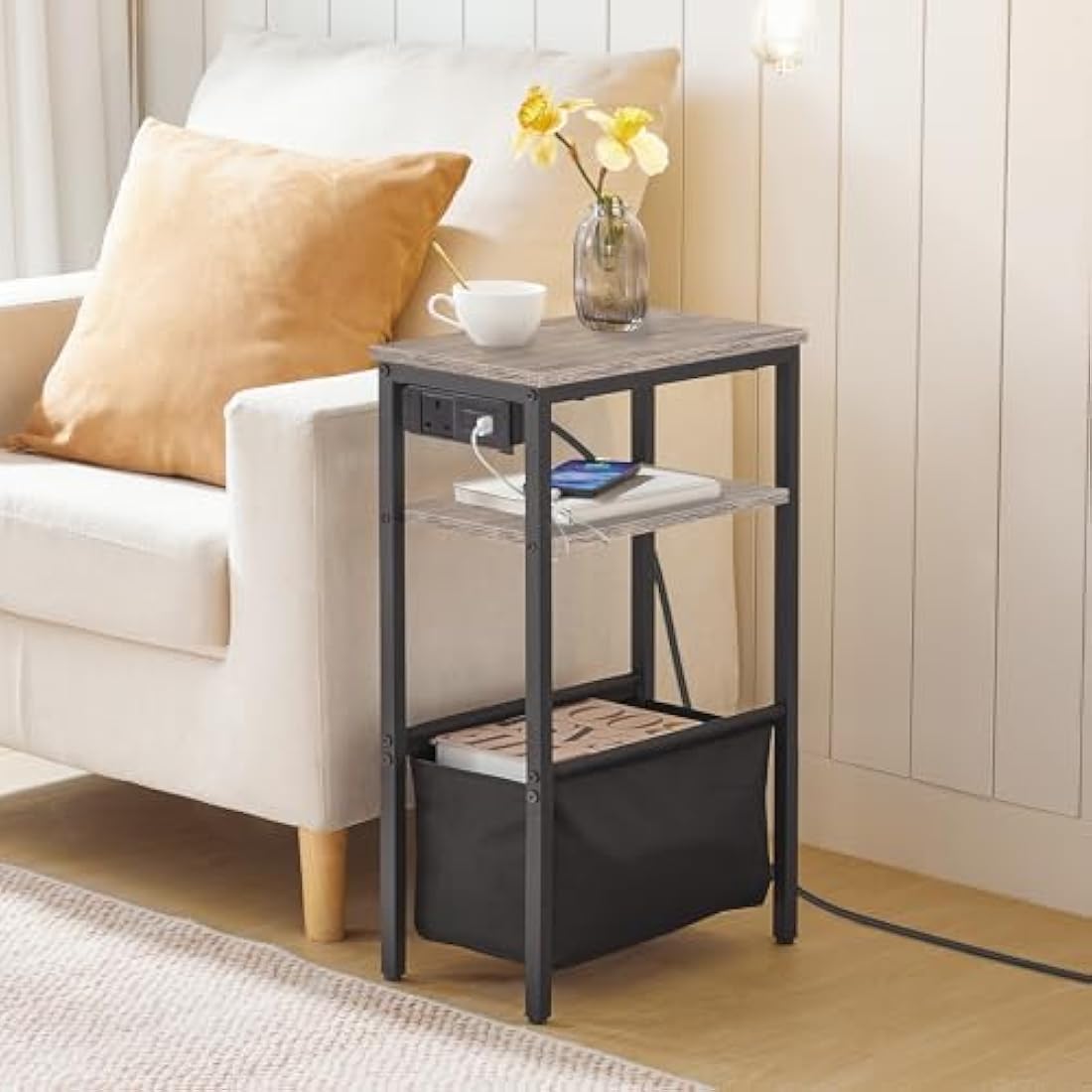 HOOBRO Narrow Side Table with Charging Station and USB Ports – Greige