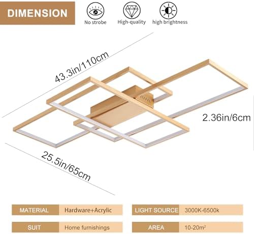 JIINOO 110cm Modern Square LED Ceiling Light - Dimmable Flush Mount, Gold