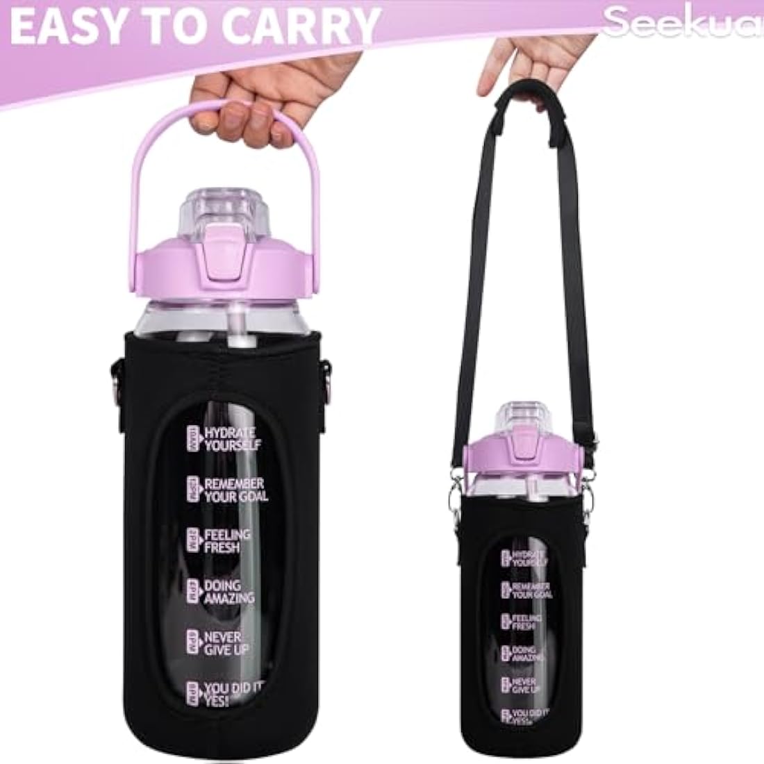 Seekua 2L Glass Water Bottle with Straw | Motivational Time Markings